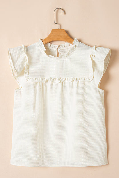 White Waffle Knit Ruffle Sleeve Blouse – Feminine Mock Neck Everyday Top