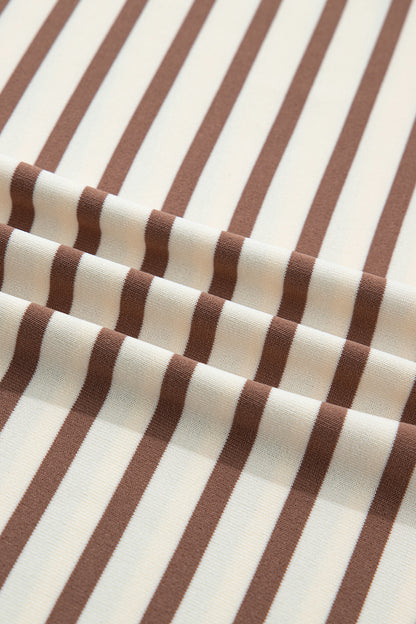 Cream Mocha Striped Henley Top – Short Sleeve Casual Blouse