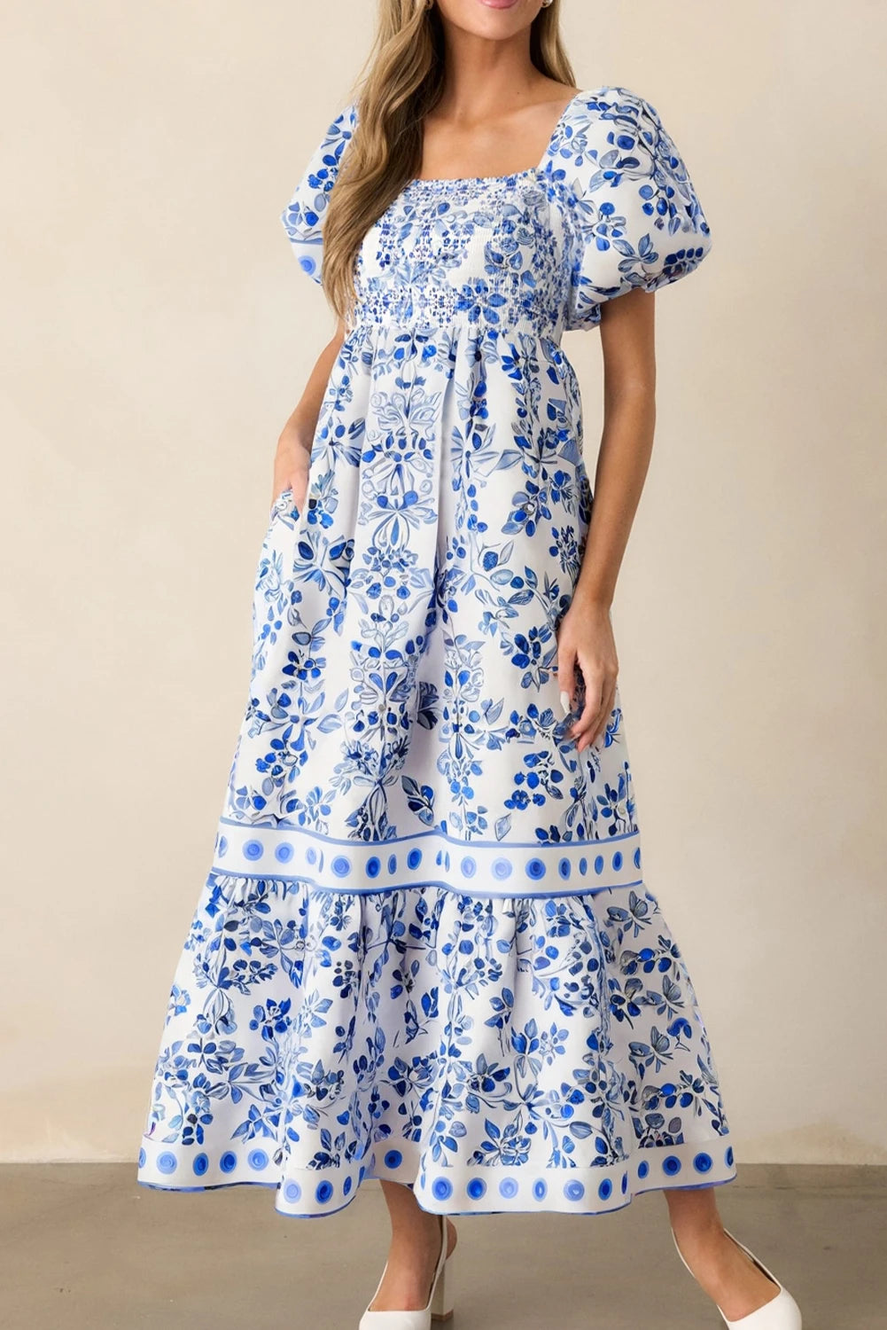 Sky Blue Floral Square Neck Bubble Sleeve Maxi Dress