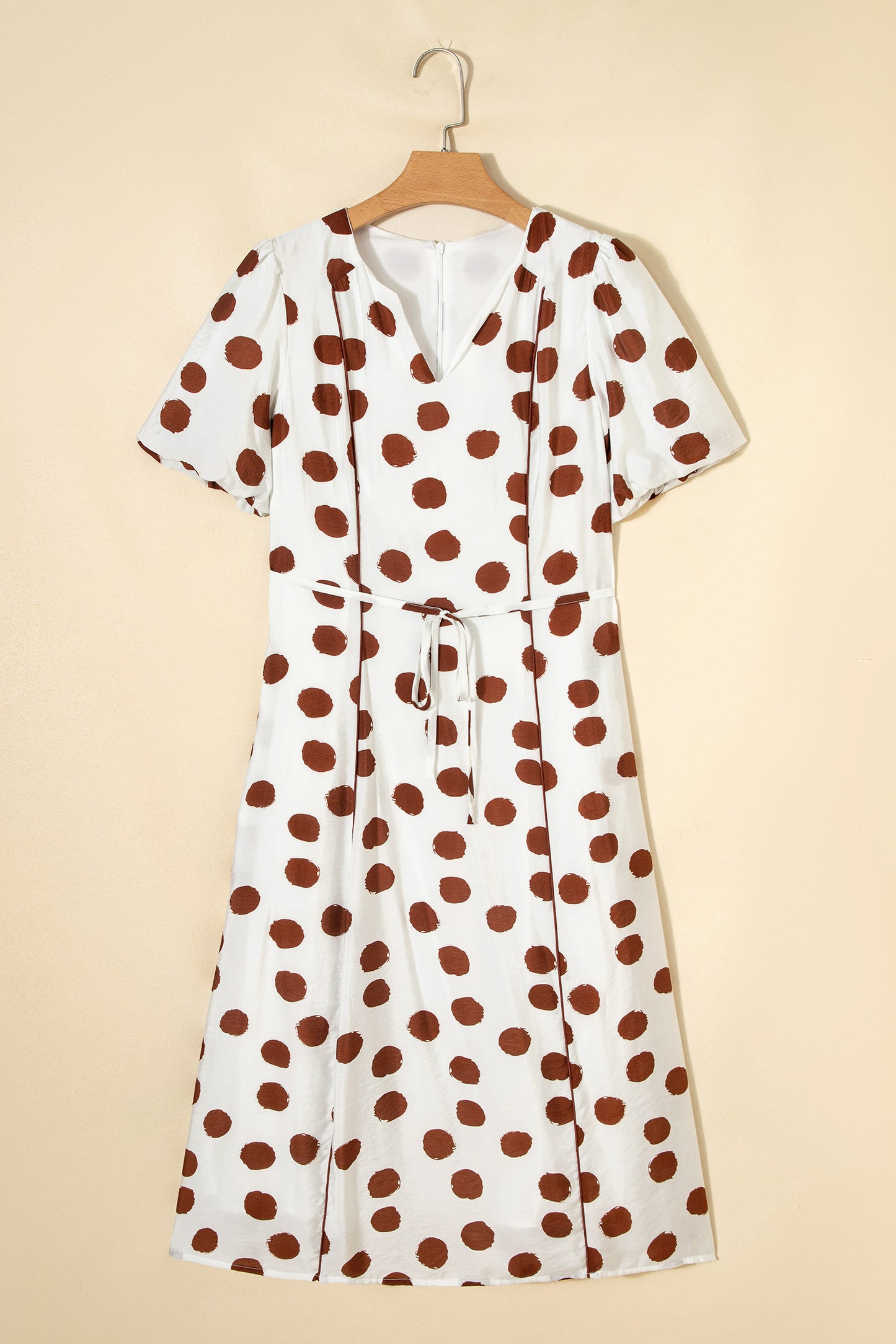 White Brown Polka Dot V-Neck Tie Waist Midi Dress