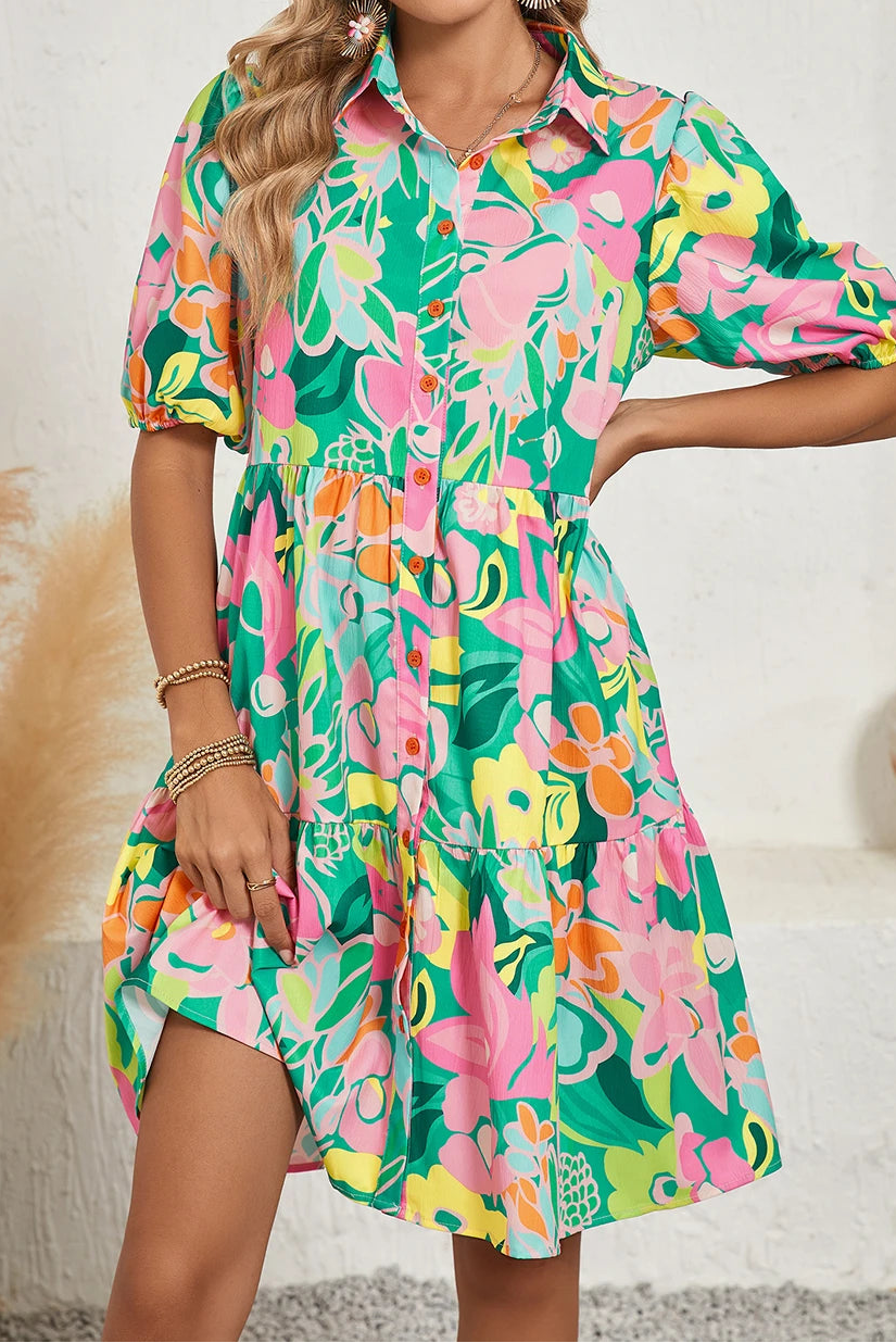 Elena Bright Floral Collared Button Front Babydoll Dress