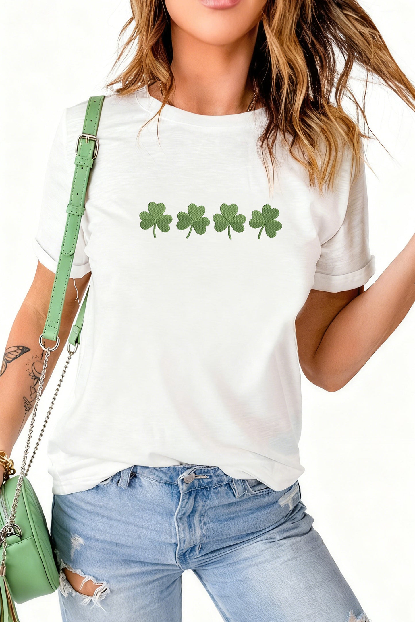 Embroidered Clover Tee – White St. Patrick’s Day Graphic Top