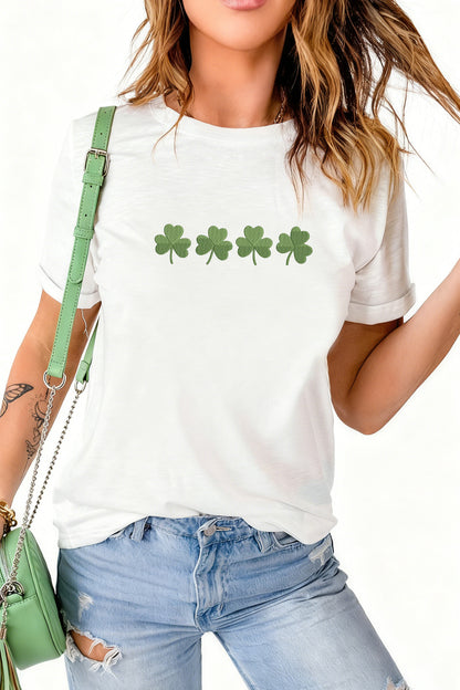 Embroidered Clover Tee – White St. Patrick’s Day Graphic Top