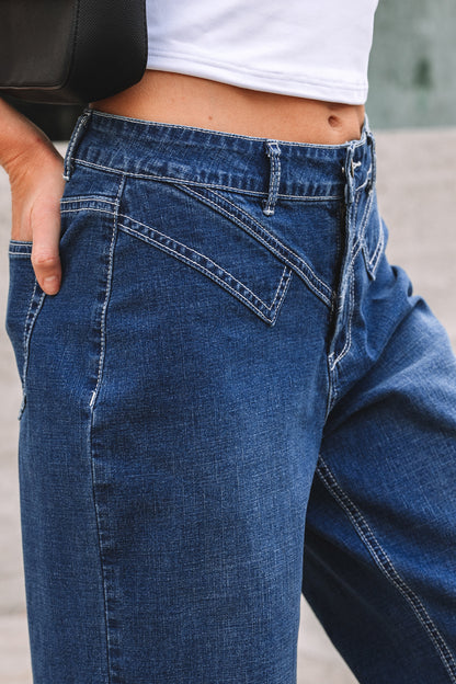 Stitched Waist Loose Cuffed High‑Rise Jeans