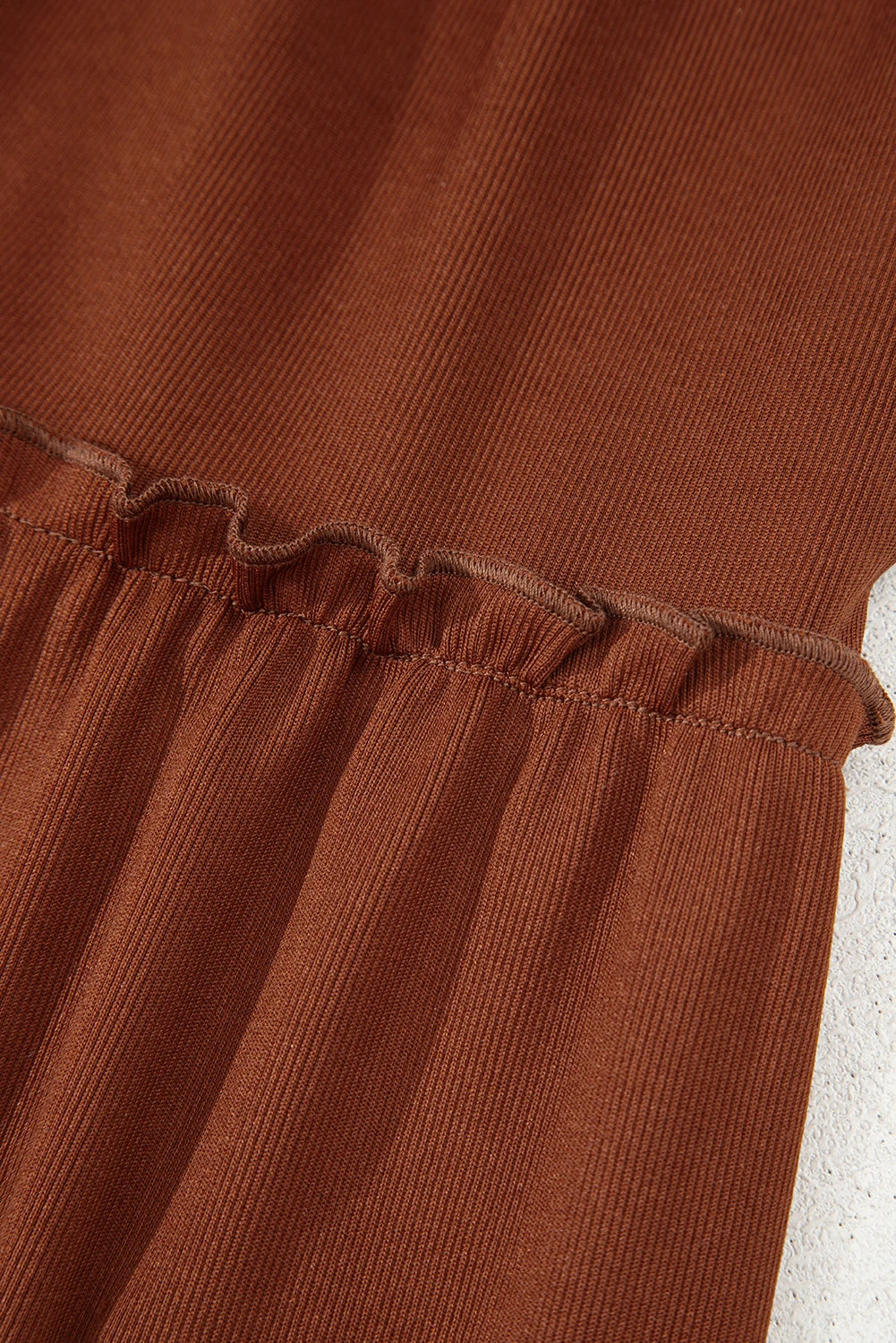 Soft Rust Ribbed Frilled Trim High‑Waist Long Sleeve Mini Dress