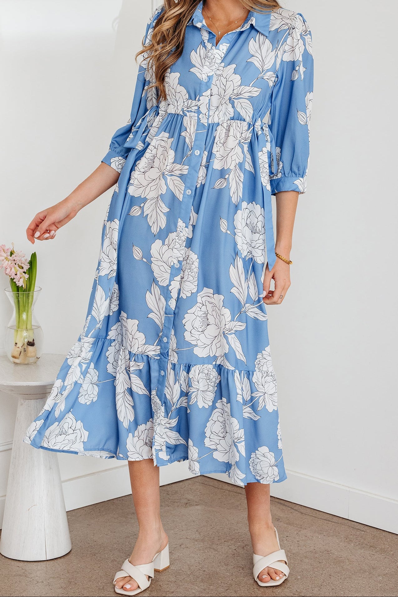 Elodie Sky Blue Floral Button Front Midi Dress