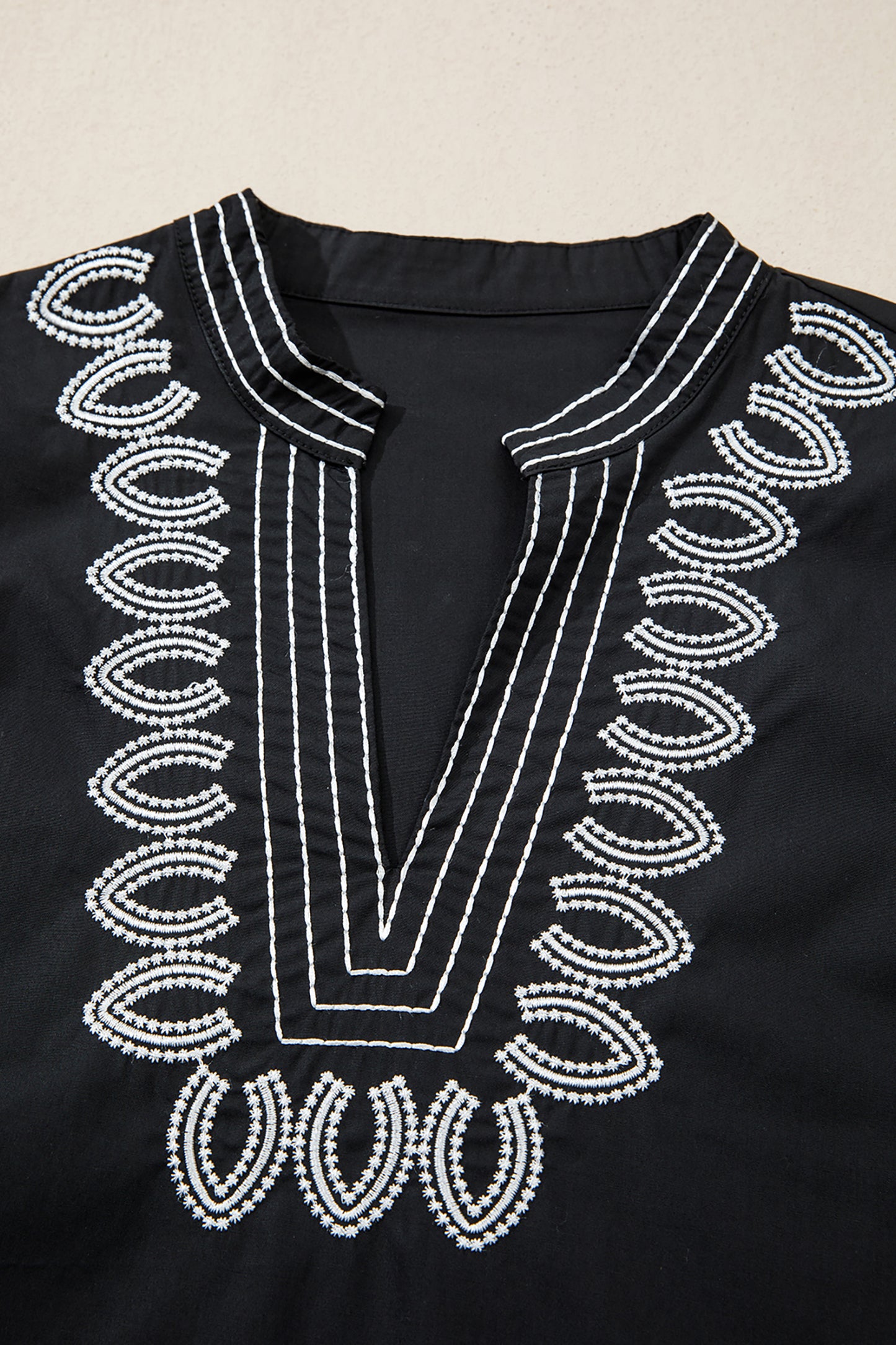 Black Embroidered Split V-Neck Puff Sleeve Blouse