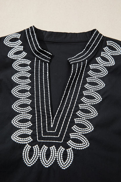 Black Embroidered Split V-Neck Puff Sleeve Blouse