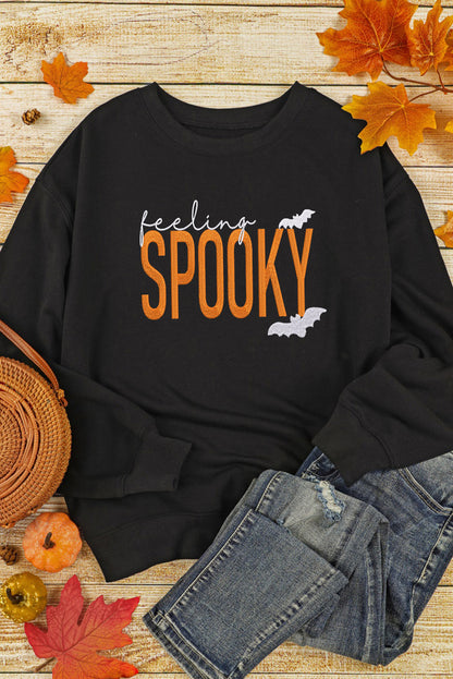 Black Feeling Spooky Embroidered Sweatshirt – Halloween Crew Neck Pullover