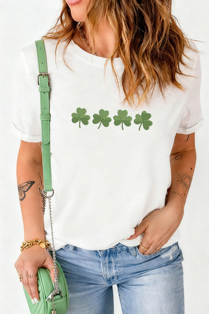 Embroidered Clover Tee – White St. Patrick’s Day Graphic Top