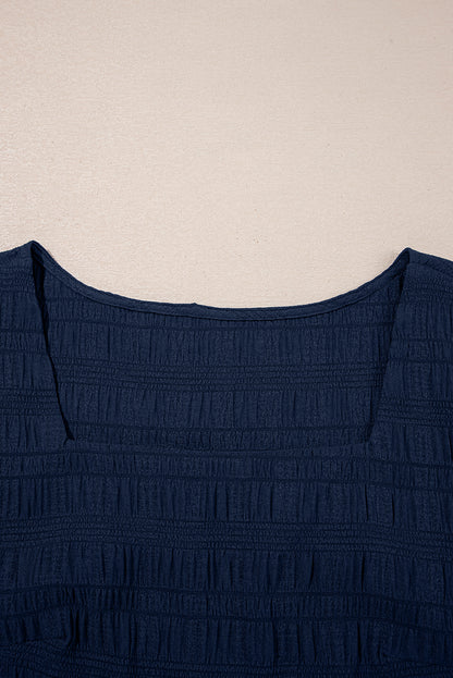 Navy Textured Square Neck Ruffle Sleeve Shirred High Waist Short Set
