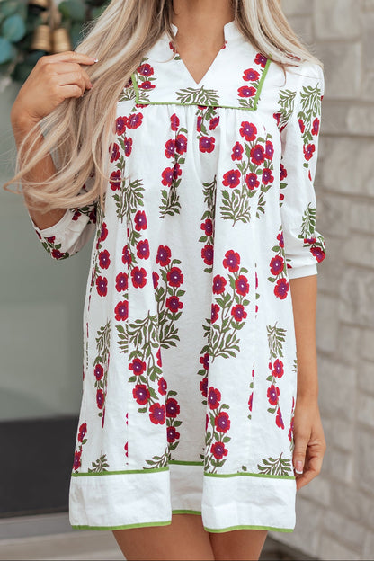 White Floral Frilled V-Neck Mini Dress