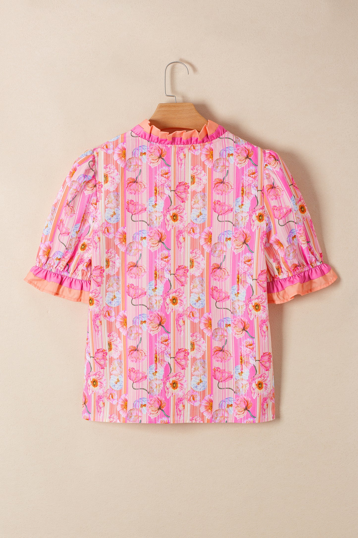 Floral Striped Contrast Trim Puff Sleeve Blouse – Feminine Everyday Top