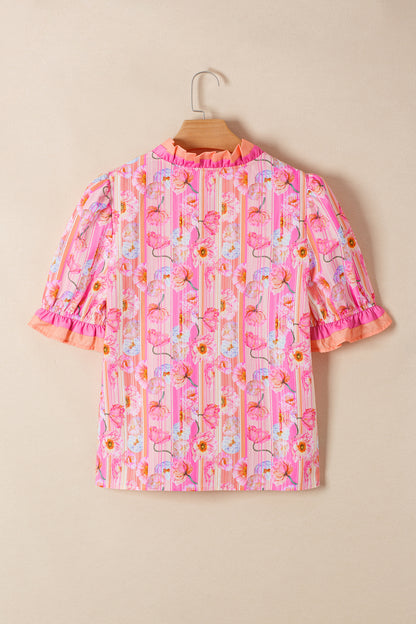 Floral Striped Contrast Trim Puff Sleeve Blouse – Feminine Everyday Top