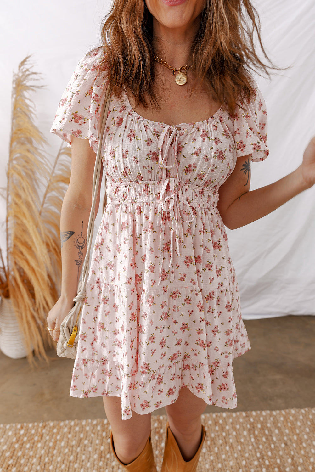 Pink Floral Tie Front Smocked Babydoll Tiered Mini Dress