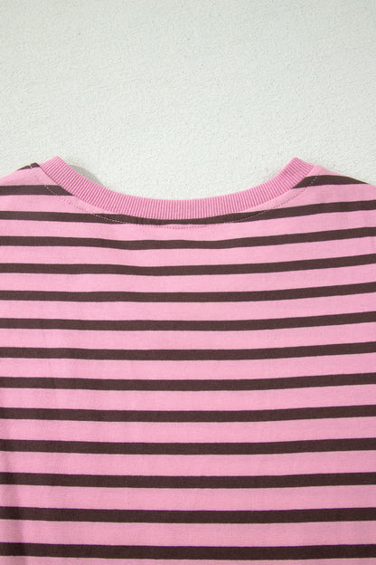 Pink Mocha Striped Puff Sleeve V-Neck T-Shirt – Casual Everyday Top