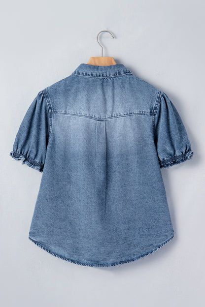 Washed Denim Puff Sleeve Button Front Blouse – Casual Everyday Top