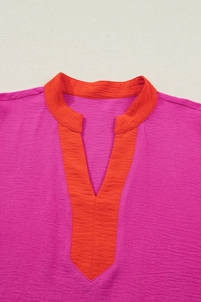 Fuchsia Pink Contrast Trim Split Neck Blouse – Relaxed Everyday Boutique Top