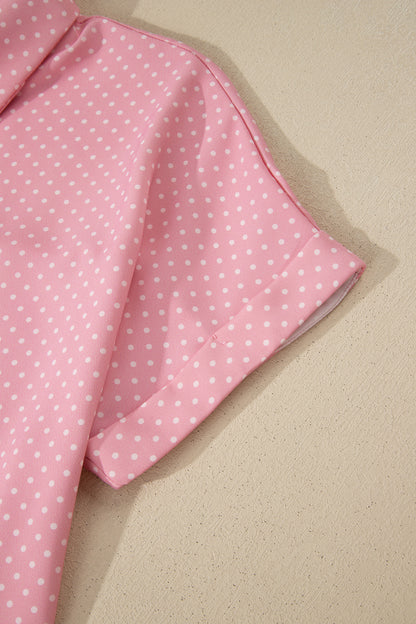 Polka Dot Button Front Blouse – Short Sleeve Collared Top