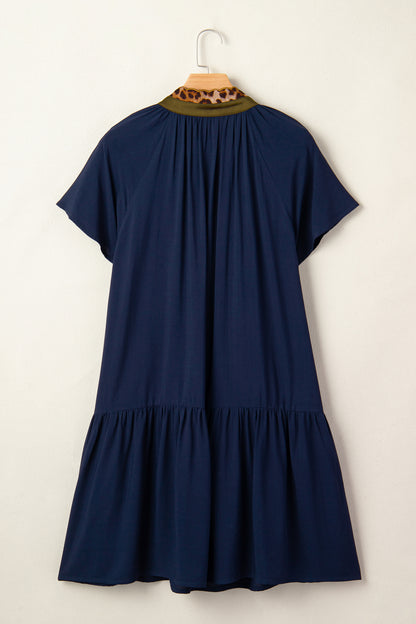 Navy Blue Leopard Trim Ruffle Hem Mini Dress – Casual Boutique Shift Dress