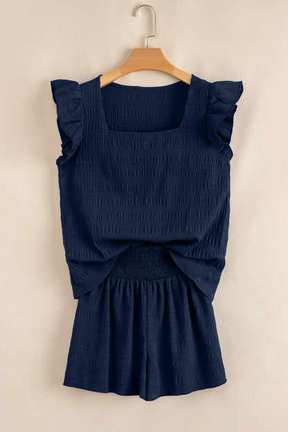 Navy Textured Square Neck Ruffle Sleeve Shirred High Waist Short Set