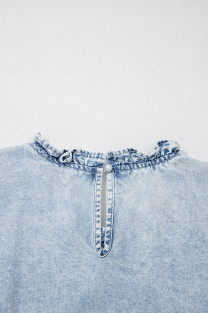 Denim Wash Ruffle Sleeve Pleated Blouse – Feminine Everyday Boutique Top