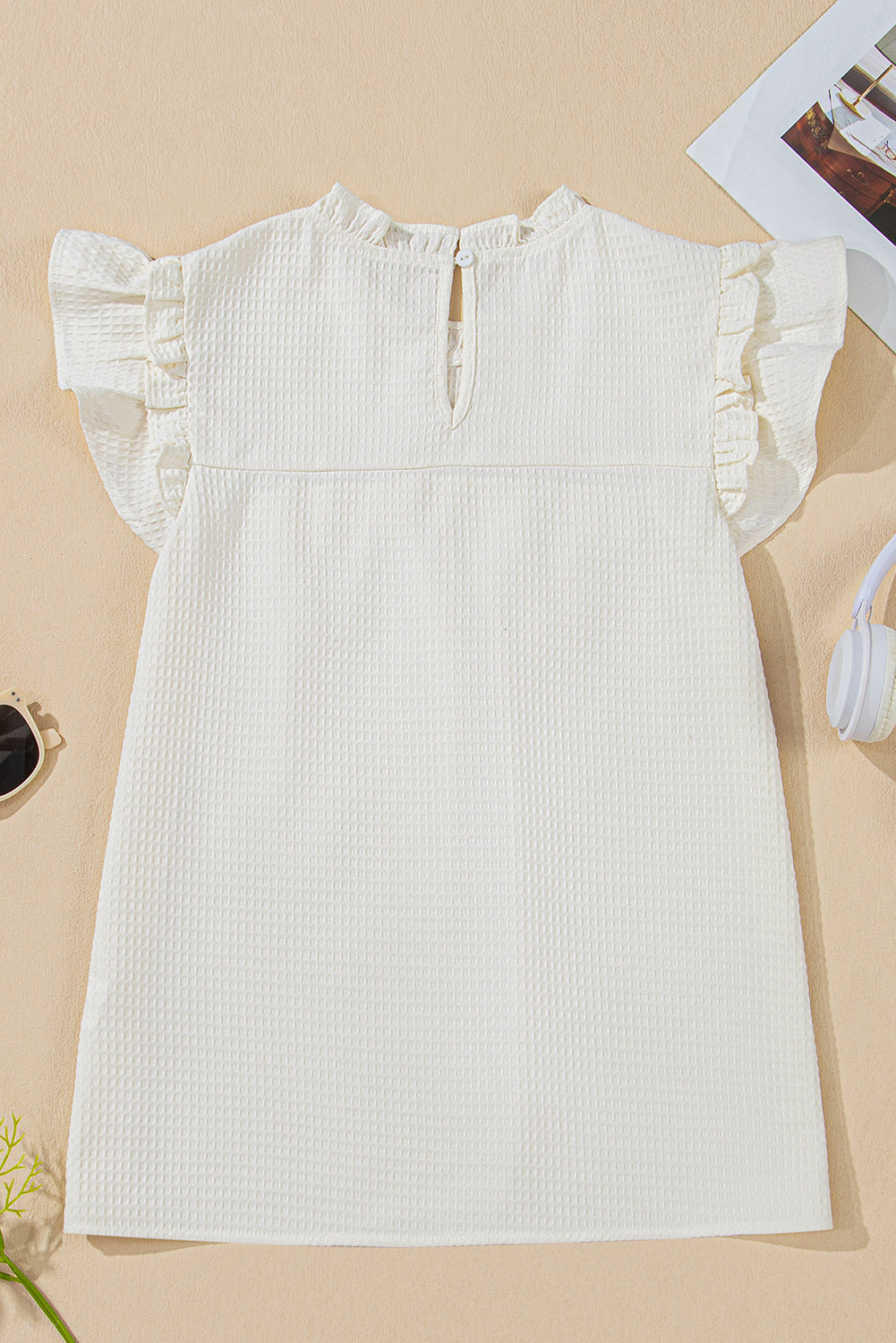 White Waffle Knit Ruffle Sleeve Blouse – Feminine Mock Neck Everyday Top
