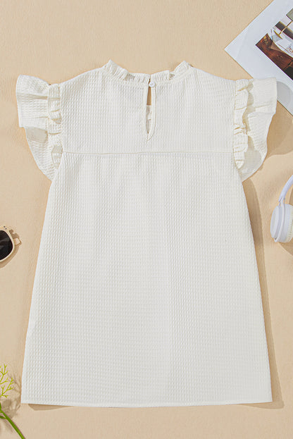 White Waffle Knit Ruffle Sleeve Blouse – Feminine Mock Neck Everyday Top