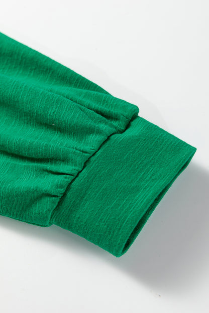 Emerald Green split neck button detail long sleeve top with gathered cuff sleeves