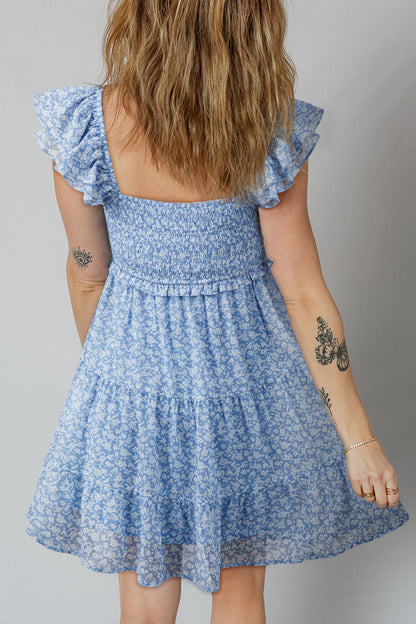 Blue Floral Smocked Square Neck Ruffle Sleeve Tiered Babydoll Mini Dress