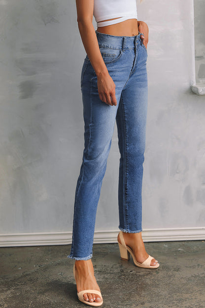 Light Wash Blue High Rise Double Button Straight Leg Jeans – Raw Hem Denim
