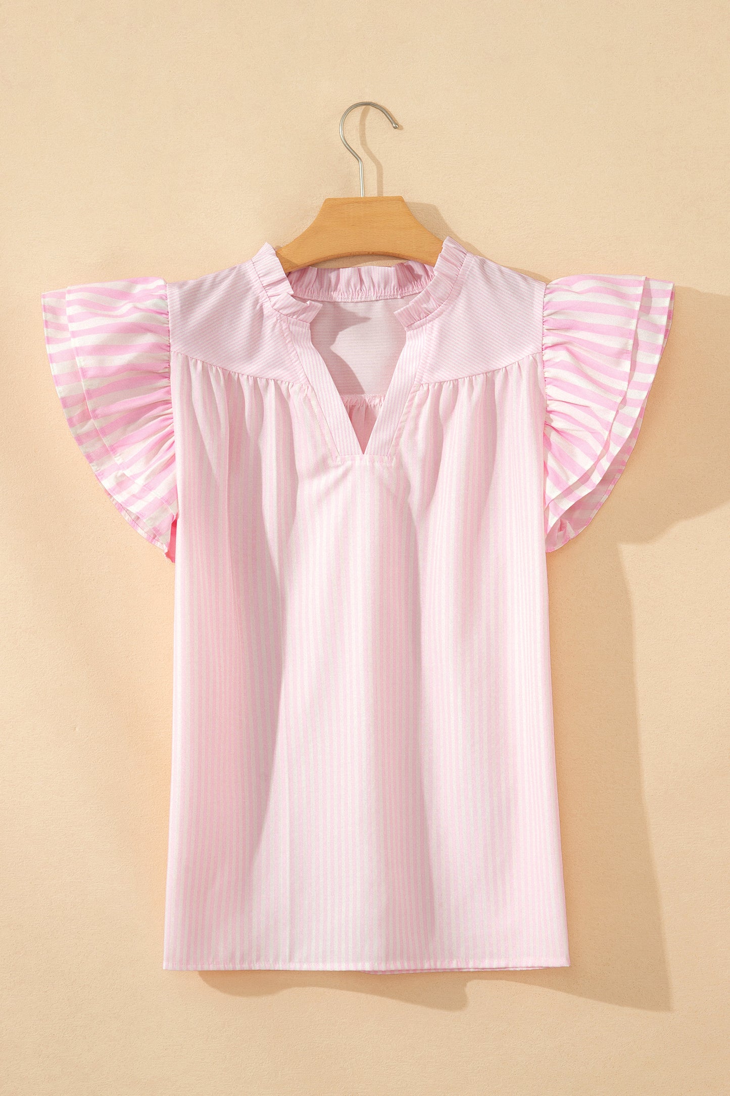 Pink Striped Ruffle Sleeve Blouse – Feminine Everyday Flutter Sleeve Top
