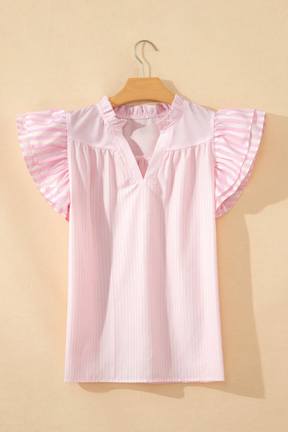 Pink Striped Ruffle Sleeve Blouse – Feminine Everyday Flutter Sleeve Top
