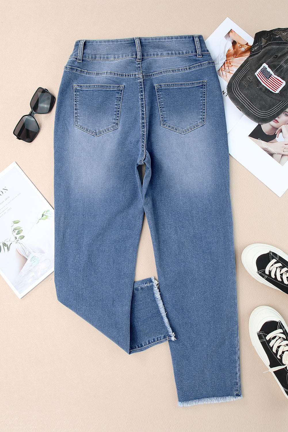 Light Wash Blue High Rise Double Button Straight Leg Jeans – Raw Hem Denim