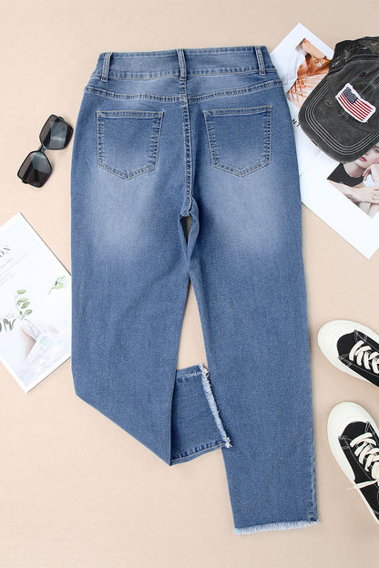 Light Wash Blue High Rise Double Button Straight Leg Jeans – Raw Hem Denim