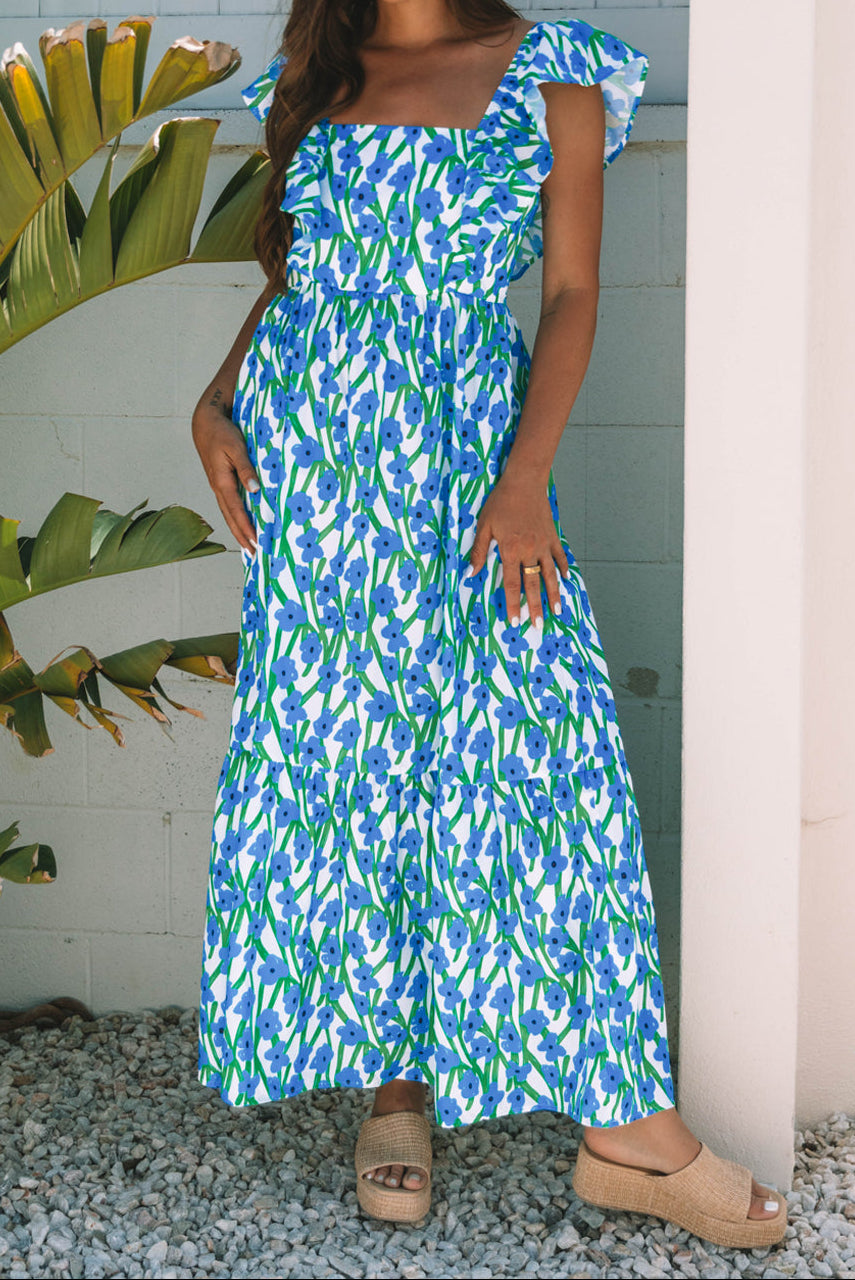 Willow Floral Square Neck Ruffle Sleeve Pocket Maxi Dress