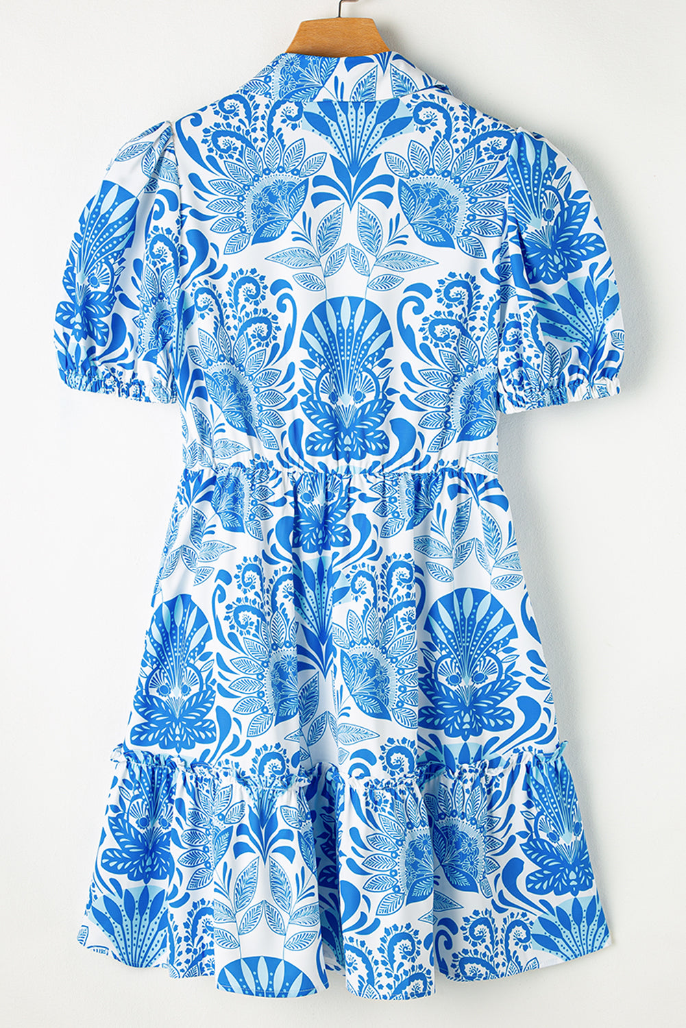 Sky Blue Floral Drawstring Waist Ruffle Mini Dress