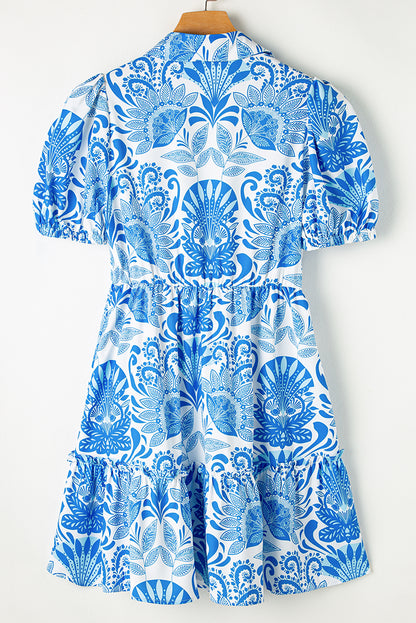 Sky Blue Floral Drawstring Waist Ruffle Mini Dress