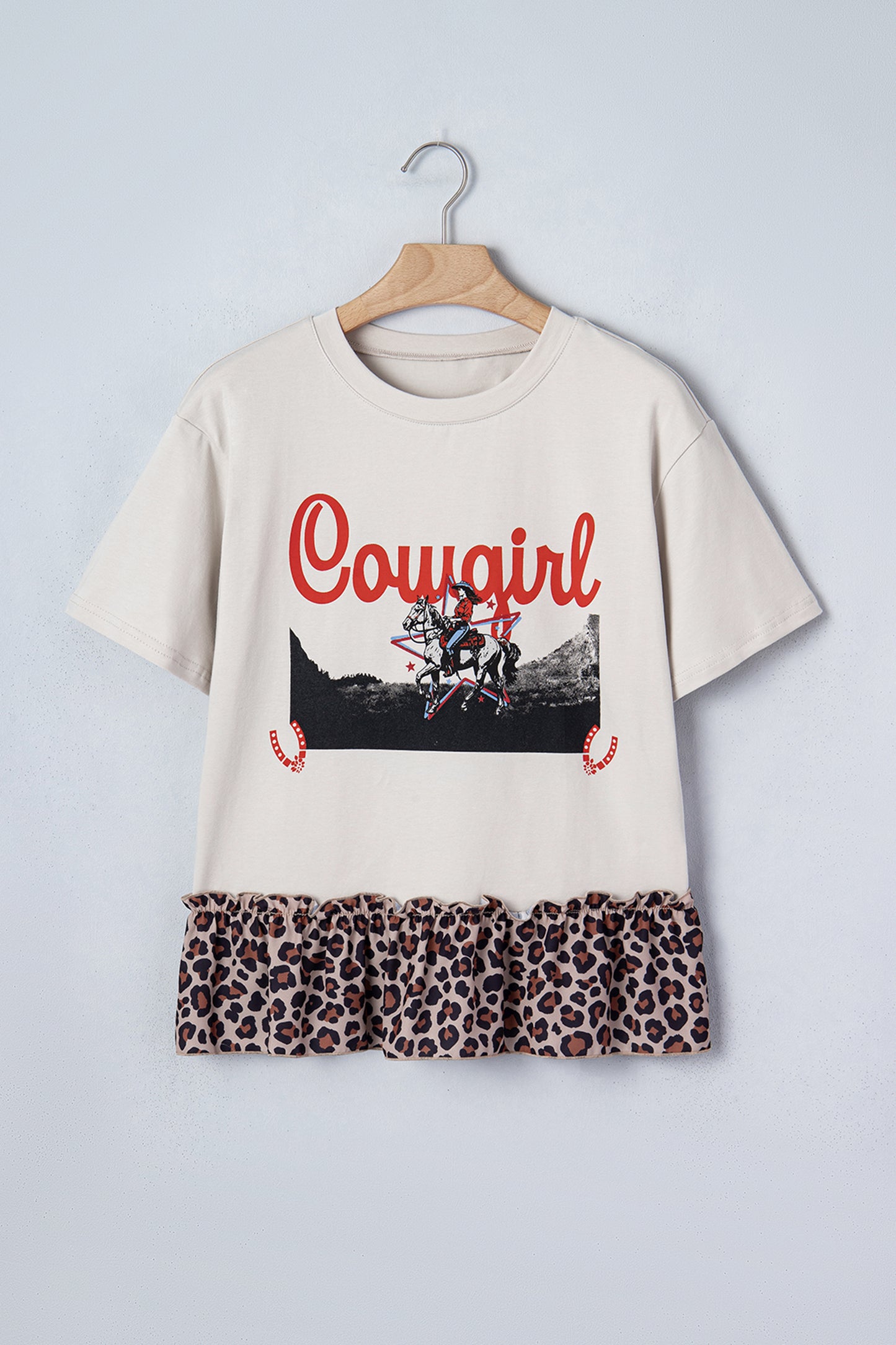 Cowgirl Graphic Peplum Top – Western Leopard Ruffle Everyday Tee