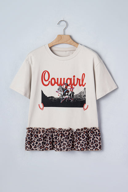 Cowgirl Graphic Peplum Top – Western Leopard Ruffle Everyday Tee