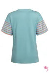 Striped Sleeve Color block Tee – Casual Chest Panel Short Sleeve Everyday Top