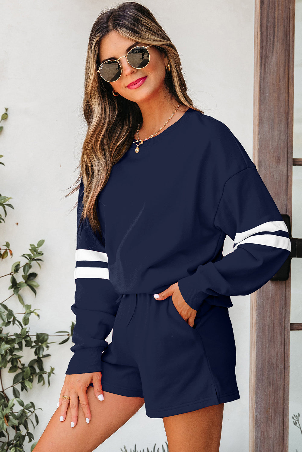 Varsity Striped Sleeve Drop Shoulder Sweatshirt & Short Set