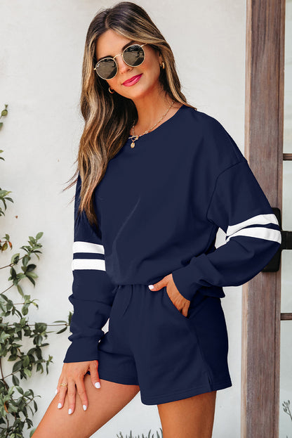 Varsity Striped Sleeve Drop Shoulder Sweatshirt & Short Set