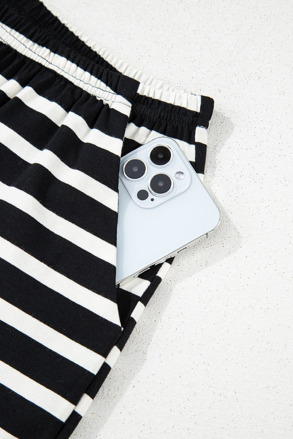 The Effortless Stripe Lounge Set – Black & White Short Sleeve Top and Above-the-Knee Shorts with Elastic Waistband