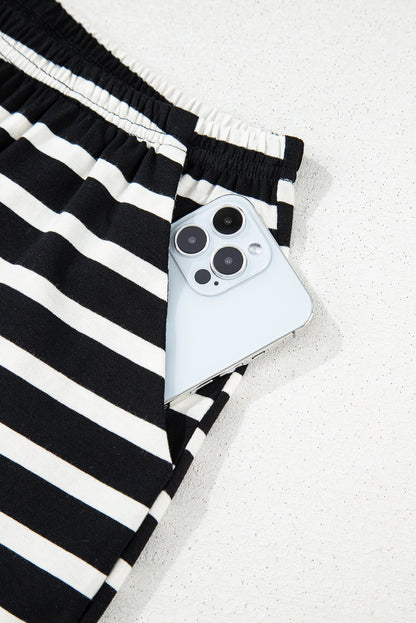 The Effortless Stripe Lounge Set – Black & White Short Sleeve Top and Above-the-Knee Shorts with Elastic Waistband