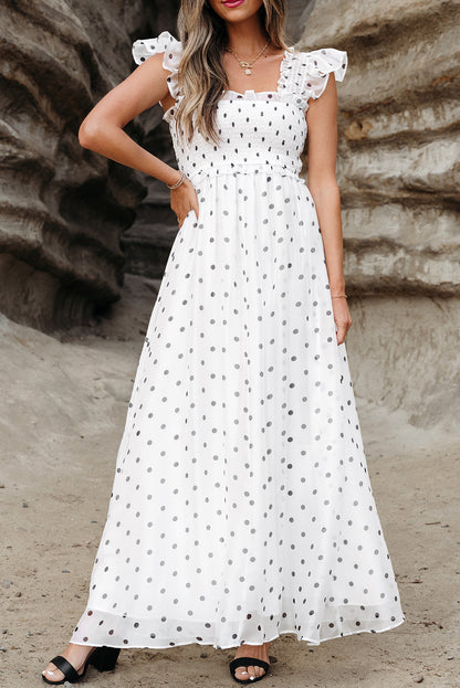 White Polka Dot Smocked Ruffle Strap Maxi Dress