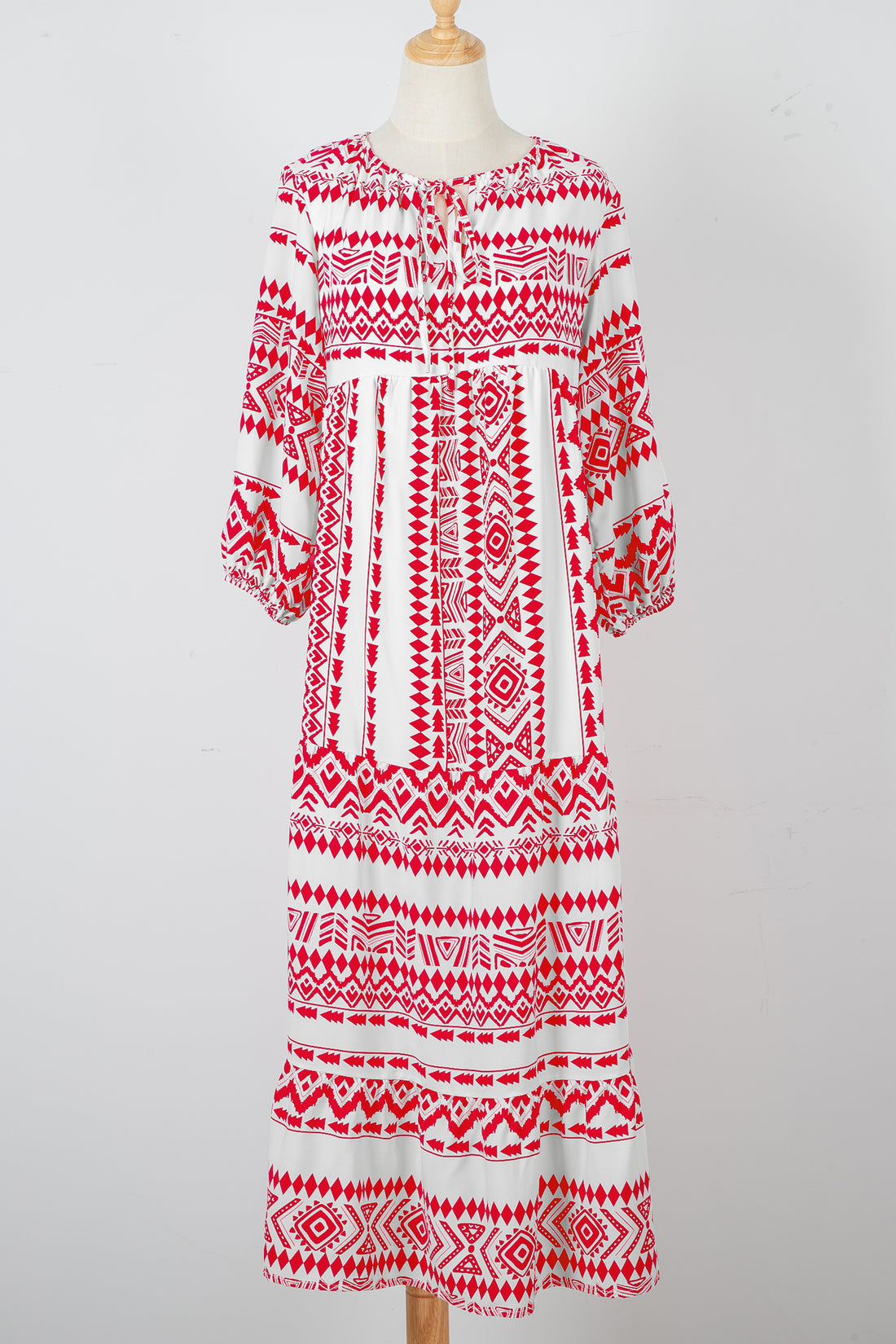 Red Boho Print V-Neck 3/4 Sleeve Elastic Cuff Tiered Maxi Dress