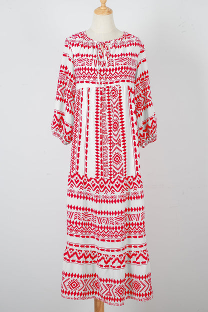 Red Boho Print V-Neck 3/4 Sleeve Elastic Cuff Tiered Maxi Dress