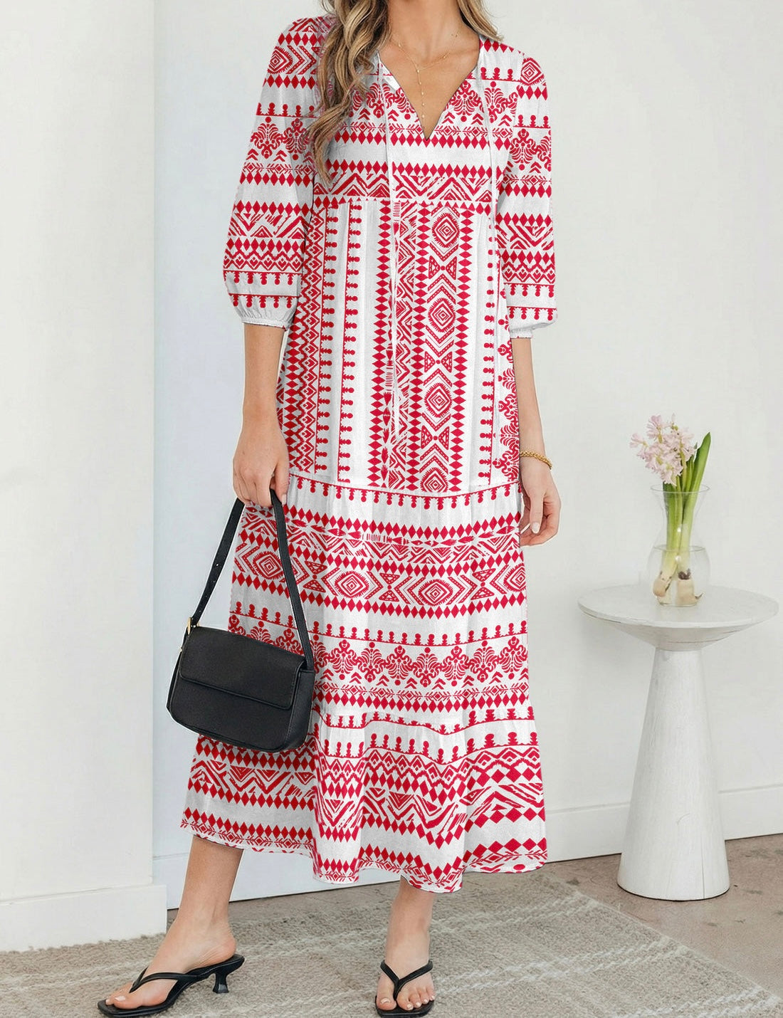 Red Boho Print V-Neck 3/4 Sleeve Elastic Cuff Tiered Maxi Dress