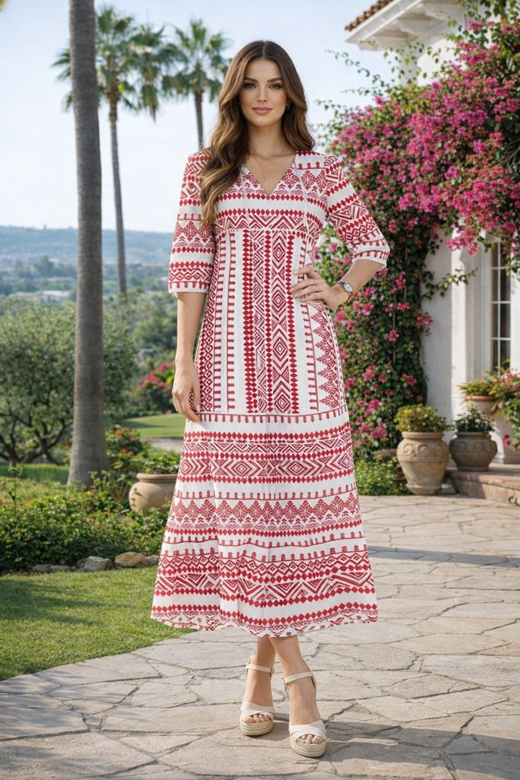 Red Boho Print V-Neck 3/4 Sleeve Elastic Cuff Tiered Maxi Dress